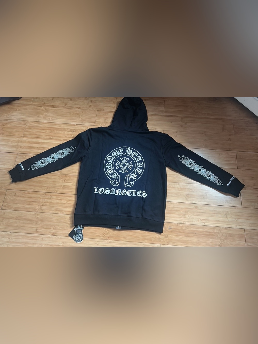 Chrome Hearts Black Hoodie with White Gothic Logo and Sleeve Cross Motifs